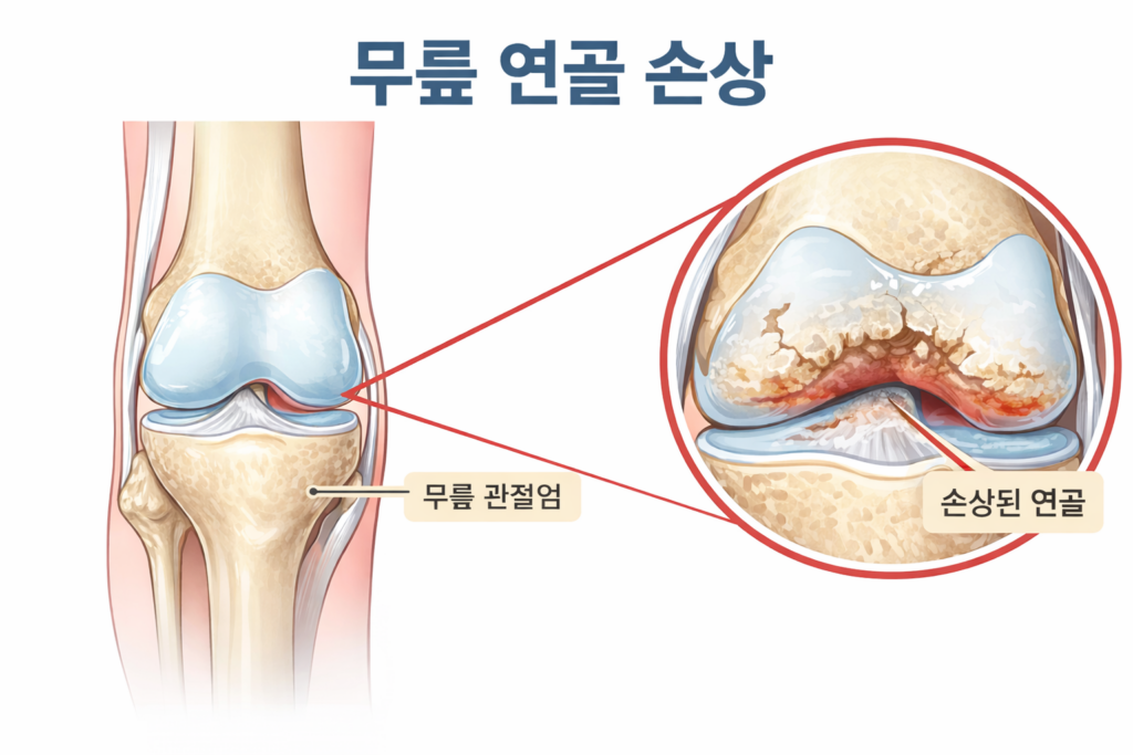무릎 관절에서 연골 손상을 설명한 그림