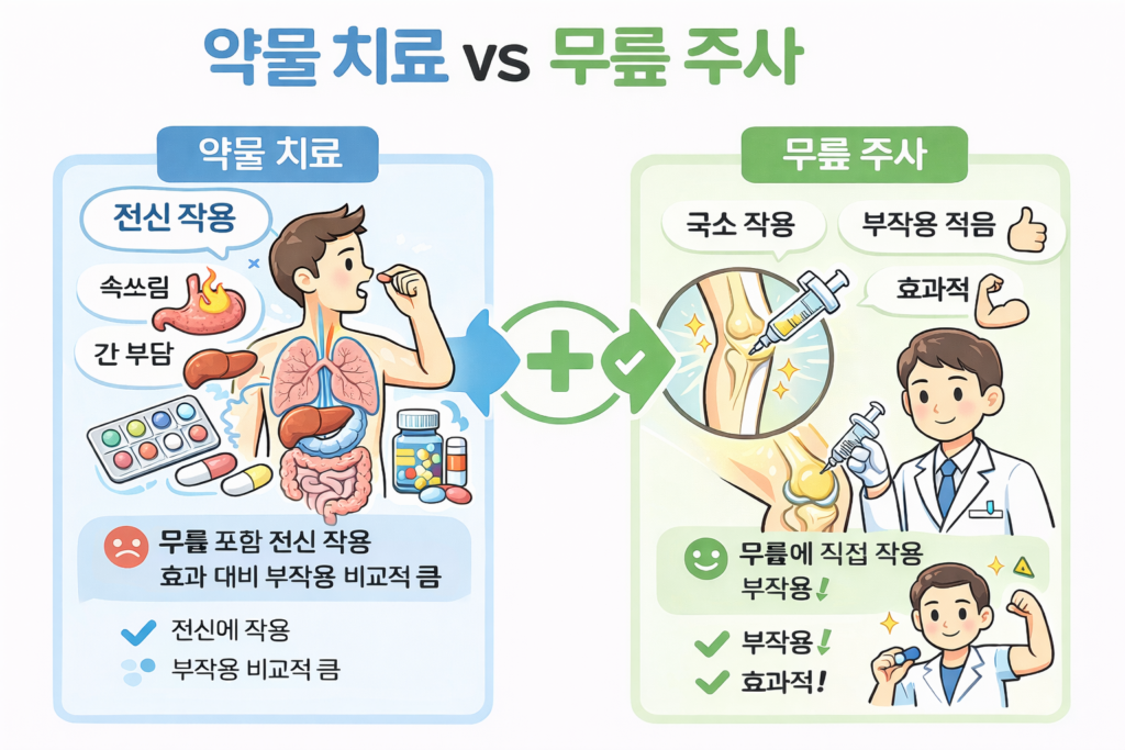 무릎 통증 치료에서 약물치료와 무릎 주사의 차이를 비교한 그림으로,
약물치료는 전신 작용으로 부작용 가능성이 있고
무릎 주사는 통증 부위에 국소적으로 작용하는 특징을 설명함