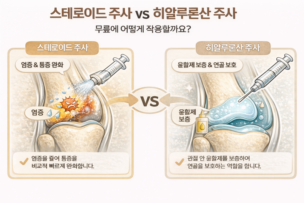 무릎 관절 주사 치료에서 스테로이드 주사와 히알루론산 주사의 작용 차이를 설명한 그림으로,
스테로이드는 염증과 통증 완화에 도움을 주고
히알루론산은 관절 윤활과 연골 보호 역할을 나타냄