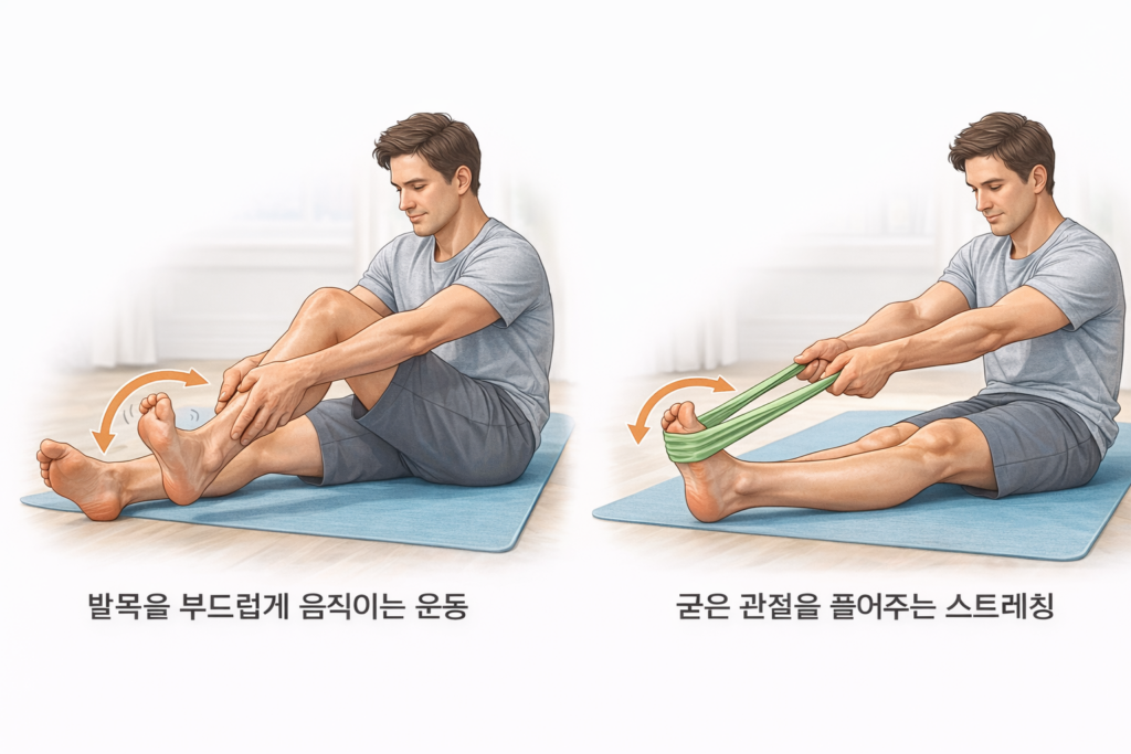 발목 인대 손상 재활 운동 그림, 발목 관절 가동 운동과 밴드 스트레칭을 통해 굳은 발목을 부드럽게 풀어주는 방법