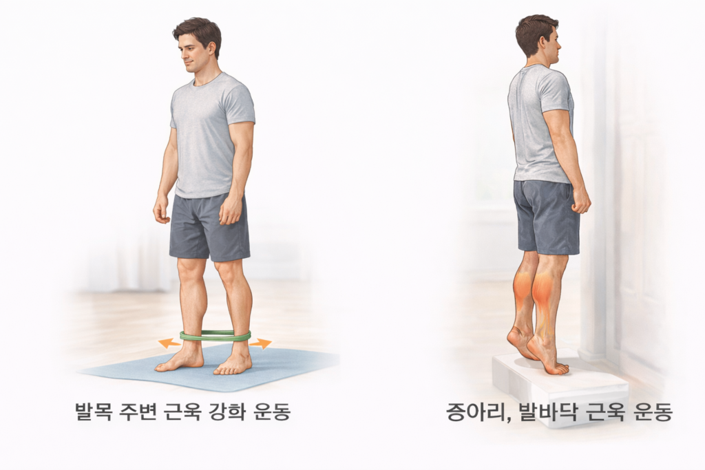 발목 인대 손상 재활 운동 그림, 발목 주변 근육 강화 운동과 종아리·발바닥 근육 운동 방법을 서서 하는 자세로 설명